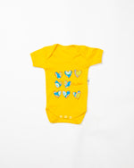 yellow short-sleeved baby onesie 