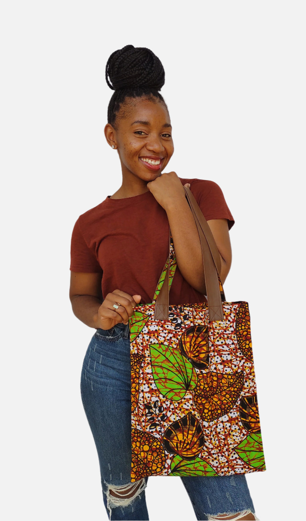 Tote: African Print with Faux Leather Straps (Vegan!)