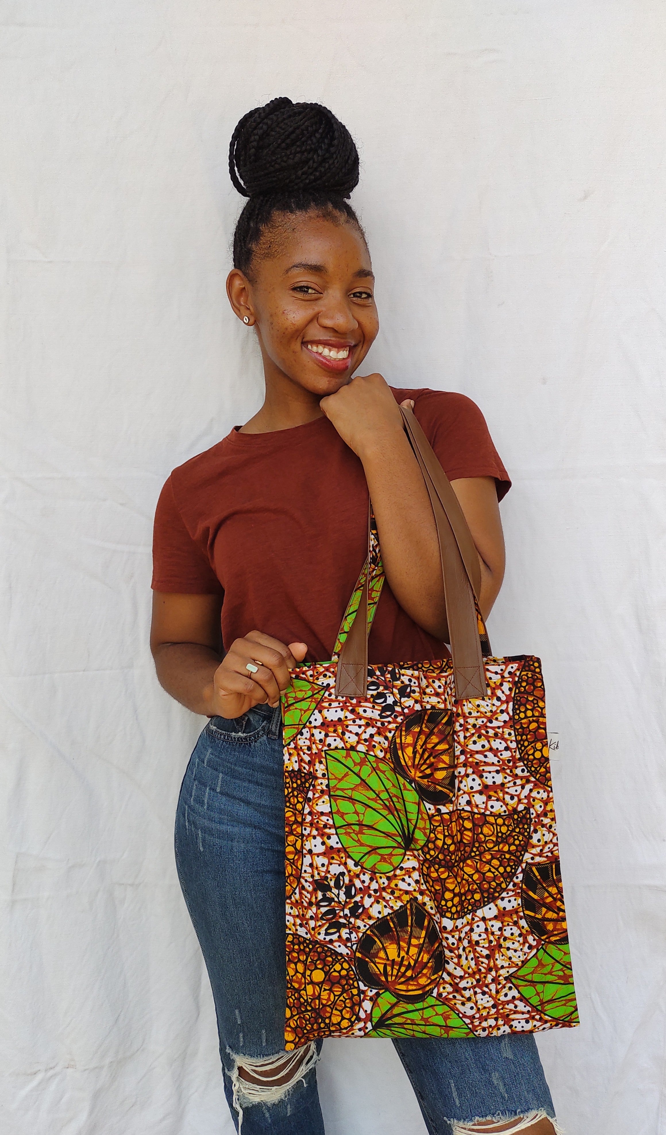 Tote: African Print with Faux Leather Straps (Vegan!)